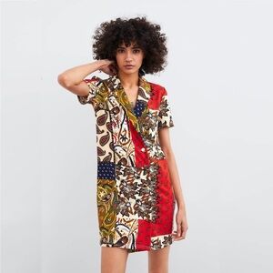 ZARA Paisley Patchwork Blazer Dress Small Multi Short Sleeve Retro 70s Bohemian